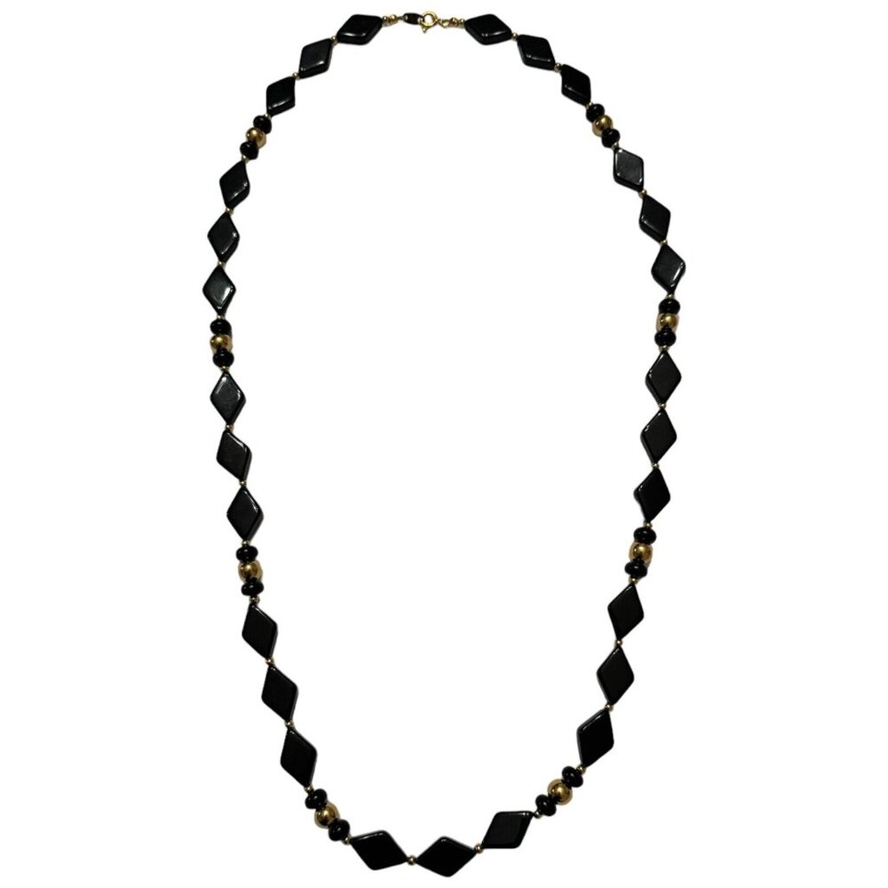 Trifari Necklace Black Lucite Plastic Gold Tone Chunky Geometric Bead Signed 30" - Picture 2 of 9
